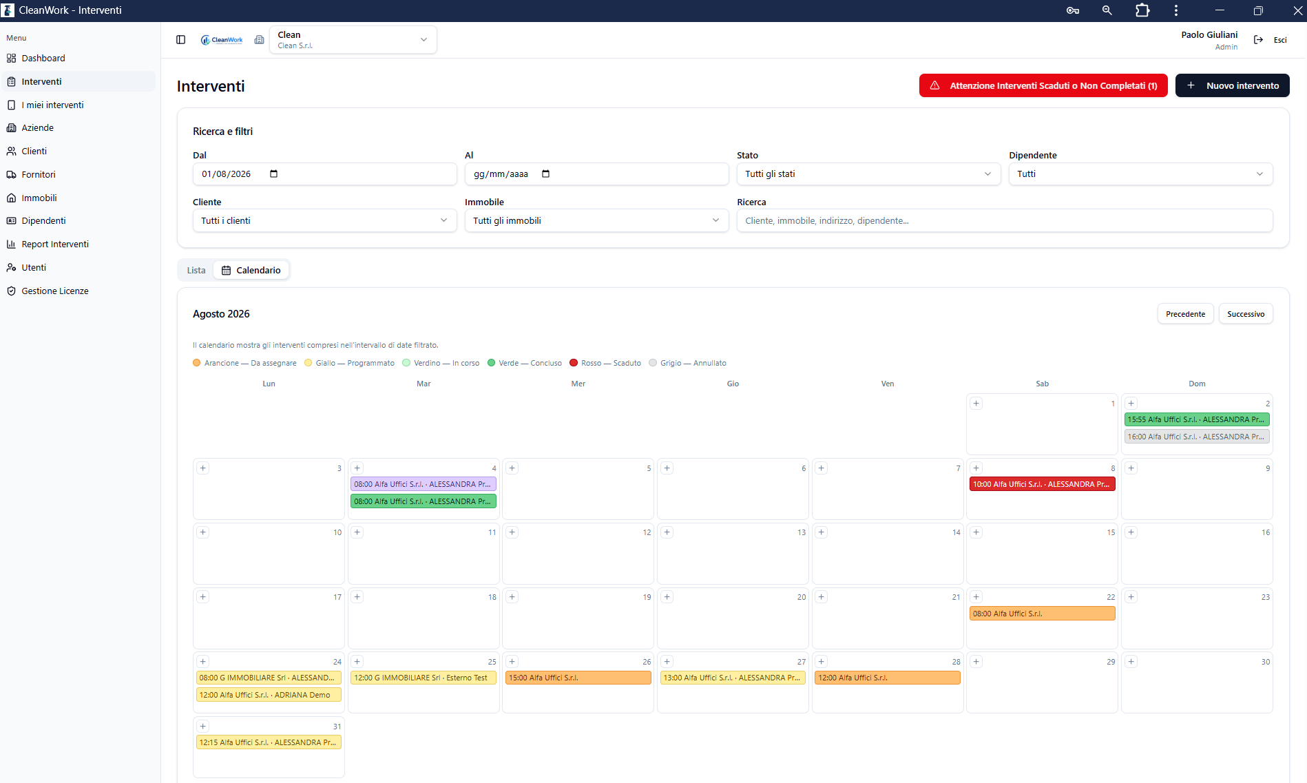 Portale CleanWork: elenco e calendario degli interventi di pulizia con filtri per cliente, immobile, stato e dipendente