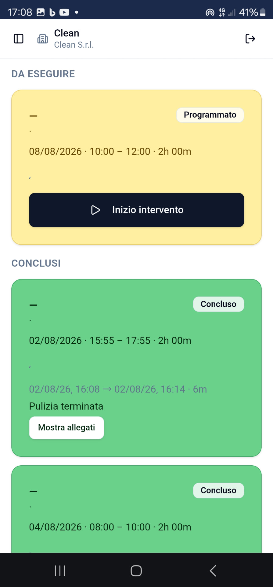 App CleanWork: elenco degli interventi da eseguire e conclusi con avvio intervento, orari e note di conclusione