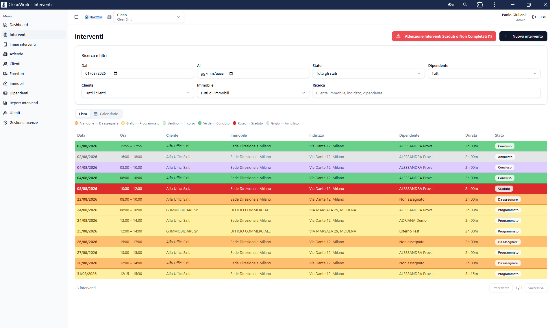 Portale CleanWork: lista degli interventi con filtri per data, cliente, immobile, stato e dipendente