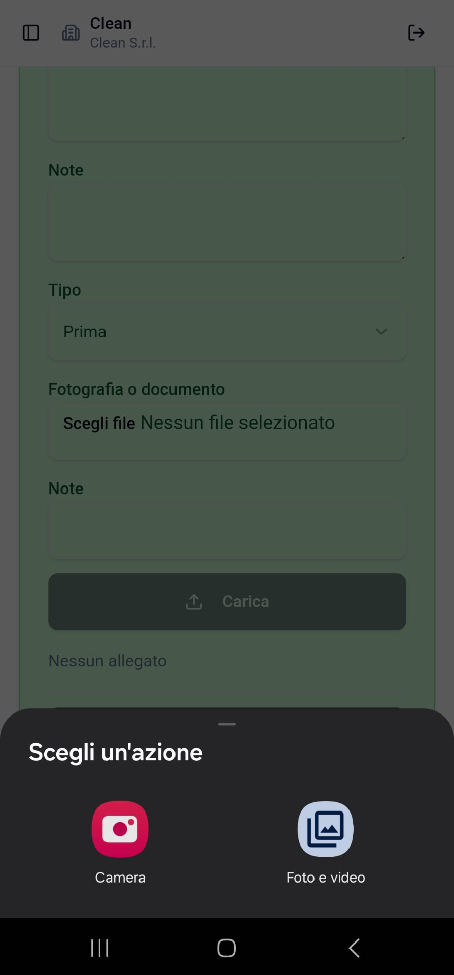 App CleanWork: allegare fotografie o documenti all'intervento direttamente dallo smartphone, da camera o galleria